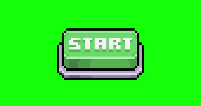 Green start button animation in 8-bit pixel art style on green background