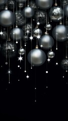 Elegant silver Christmas baubles on black background with sparkling stars and bokeh lights, festive holiday decor