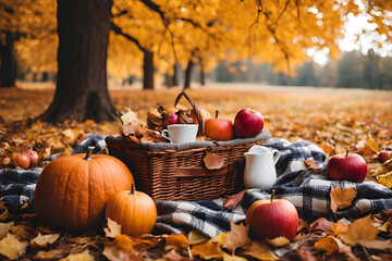Cozy Autumn Picnic with Pumpkins, Apples, and Warm Fall Beverages, A warm and cozy autumn picnic scene with pumpkins, apples, and hot drinks set on a blanket surrounded by fall leaves