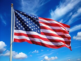 Obraz premium Vibrant American Flag Waving Proudly Against a Clear Blue Sky Symbolizing Freedom and Patriotism