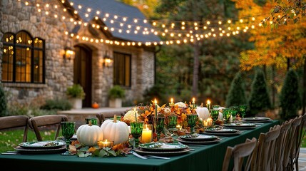 Fototapeta premium A beautifully arranged long table features green velvet runners, white and green plates, pumpkins, and glowing candles, set for an inviting autumn gathering in a garden