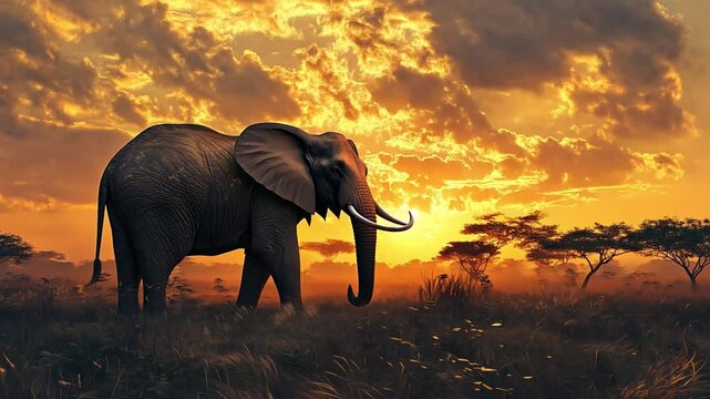 Elephant walking through african savanna at sunset