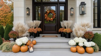 This fall porch features pumpkins, pampas grass, and colorful mums in black metal pots, along with a white door and an autumn wreath, creating a warm, inviting atmosphere