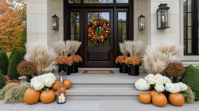 This fall porch features pumpkins, pampas grass, and colorful mums in black metal pots, along with a white door and an autumn wreath, creating a warm, inviting atmosphere