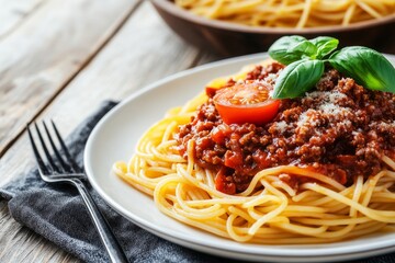 Basil on top of spaghetti with tomato puree, cherry tomatoes, and tomato puree