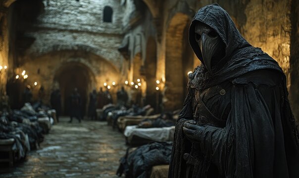 Medieval remedy: The plague doctor with bird beak mask, a distinctive symbol of historical medical practices, epresenting an era of medical history and the fight against plagues.