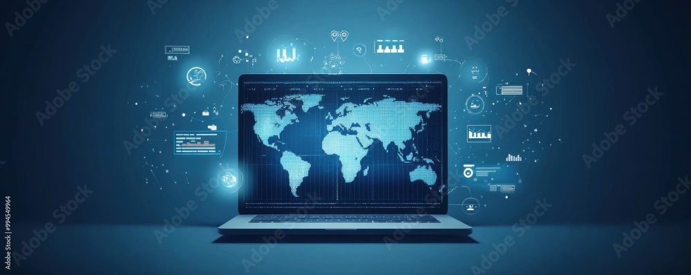 Poster digital dashboard illustration showcasing global data analytics on an open laptop with floating char