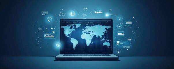 Digital dashboard illustration showcasing global data analytics on an open laptop with floating charts