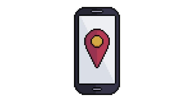 Animation of cell phone with GPS location pin icon in 8-bit pixel art style
