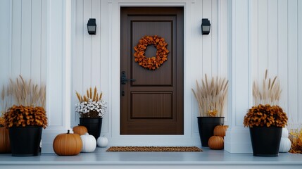 This fall porch features pumpkins, pampas grass, and colorful mums in black metal pots, along with a white door and an autumn wreath, creating a warm, inviting atmosphere