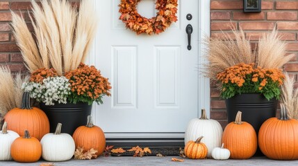 This fall porch features pumpkins, pampas grass, and colorful mums in black metal pots, along with a white door and an autumn wreath, creating a warm, inviting atmosphere
