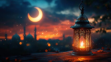 A beautiful lantern glowing against a twilight backdrop, with a crescent moon and ethereal lights inspiring tranquility and serenity.