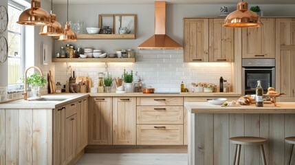 Cozy Scandinavian kitchen with light wooden cabinets, a subway tile backsplash, and copper pendant lighting over a breakfast bar