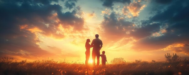 A family silhouette enjoying a beautiful sunset, symbolizing love, connection, and togetherness in nature.