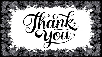 Sophisticated "Thank You" card template elegant calligraphy lettering in cursive, framed by a floral black border on a white background, vintage, flowers rest in peace, banner