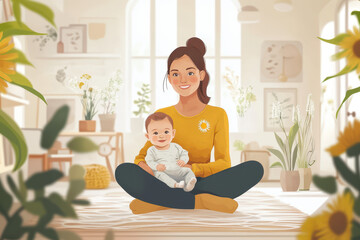 A woman is holding her baby son in one arm while sitting on his lap in the sunny room. Vector style.