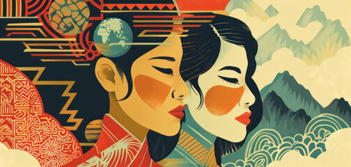 An illustration of three asians faces in profile, styled as an Art Deco poster with flat colors and geometric shapes that represent asian culture and the asian heritage month .