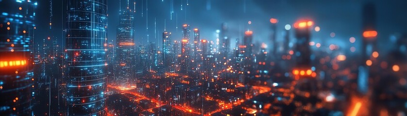 Obraz premium Futuristic cityscape at night, illuminated by neon lights, showcasing advanced architecture and a vibrant urban atmosphere.