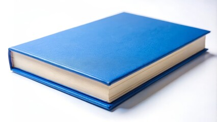 Closed blue hardcover book is lying on a white tabletop