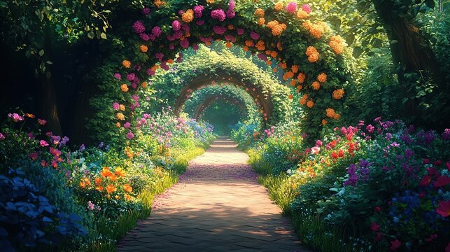 A vibrant floral pathway lined with colorful flowers and lush greenery, inviting viewers to explore the beauty of nature.