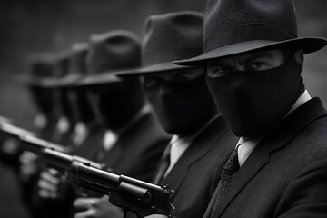 Gangsters with guns and masks in black and white, crime, mystery and danger