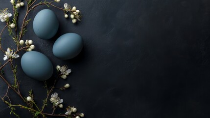 Fototapeta premium The delicate beauty of nature's creation, three blue eggs on black surface