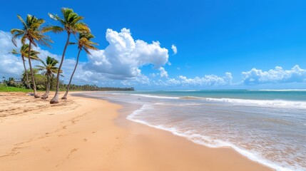 Serene Tropical Beach with Palm Trees and Blue Sky