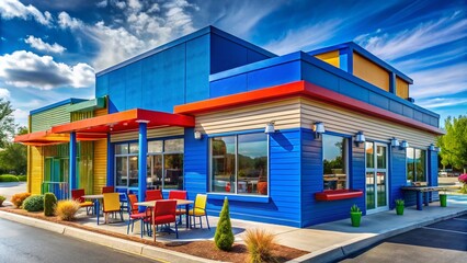 Fototapeta premium Vibrant Blue Fast Food Restaurant Exterior with Bright Signage and Colorful Outdoor Seating Arrangements