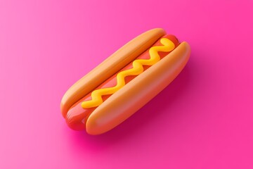 In this image, a classic hot dog is rendered in 3D on a pastel colored background. A minimalist junk food concept builds around abstract fast food. It represents the traditional street food, hotdog,