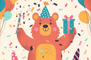 Naklejka premium Happy bear celebrating birthday with confetti