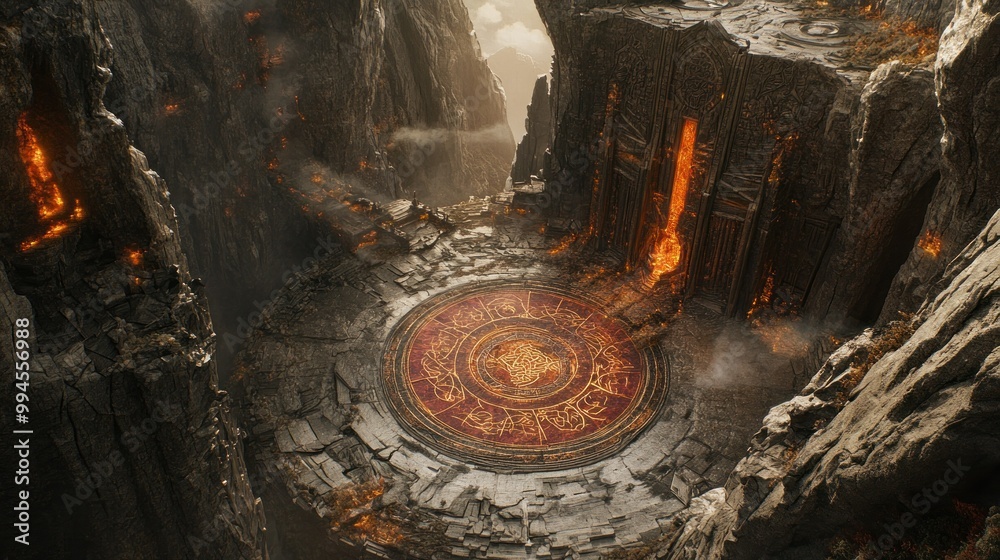 Poster Ancient Stone Structure with Lava Flow and Circular Platform