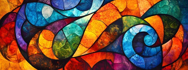 Abstract, colorful stained glass background with flowing leaves and swirls