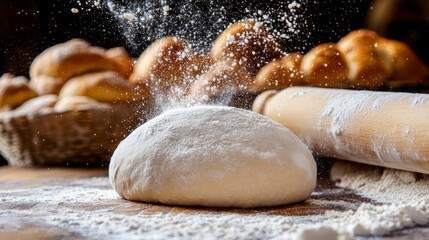 Rolling pin and dough on flour-dusted counter, artisanal creation