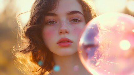 Dreamy portrait of a young woman blowing a bubble with a soft light background
