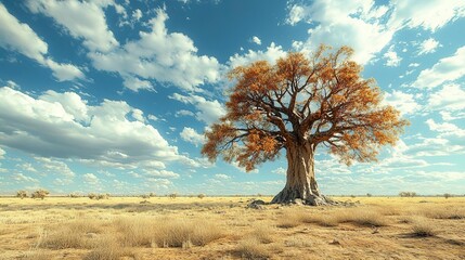 Fototapeta premium A majestic tree stands alone in a vast field under a sky filled with fluffy clouds, showcasing nature's beauty and tranquility.