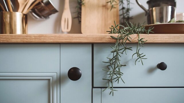 A close up view of stylish kitchen cabinet featuring sleek black knob, with soft blue finish. background showcases wooden utensils and plant, creating warm and inviting atmosphere