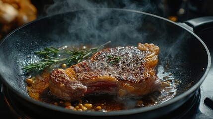 The large duck breast steak was being cooked on a stainless steel pan in an orange sauce