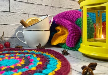  Cozy autumn photo with a flashlight, crochet doily and a knitted blanket leaves and decor fall...