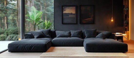 Modern Living Room with Dark Furniture and Large Windows