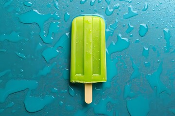An abstract photo showing a refreshing green popsicle melting on a richly textured blue surface
