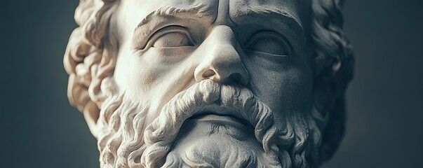 A detailed close-up of a classical marble statue, showcasing intricate features and textures representing wisdom and art.
