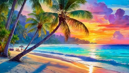 A golden sunset casts vibrant hues over a tranquil beach, where palm trees sway and soft waves kiss the shore. A glowing cabana and hammock invite serene tropical bliss.