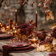  Autumn wedding table with candlelight and leaves in rustic outdoor setting