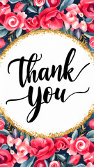 Thank you wedding card template, in calligraphy lettering text with pink rose floral watercolor frame and glittery gold border on a white background, gratitude in business, event invitation, banner