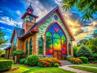 Obraz premium Vibrant Christian Church Exterior with Colorful Stained Glass Windows and Lush Green Surroundings