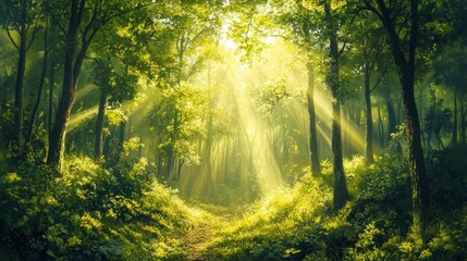 Sunbeams Illuminating a Path Through a Lush Green Forest
