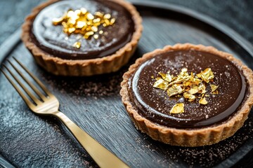Baked cafe food with chocolate tart served in dish on dark background