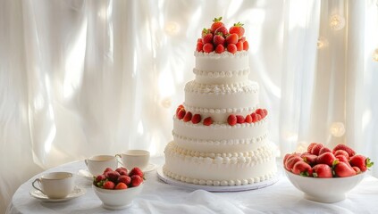 Wedding cake with frosting and strawberries atop a table adorned with cups full of chocolates