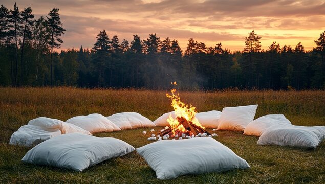 Night forest clearing with a bonfire and marshmallows roasting over the fire with blankets spread around 12k