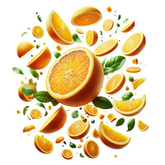 Floating Orange Slices Falling - Isolated PNG on Transparent Background, Clipart Cutout